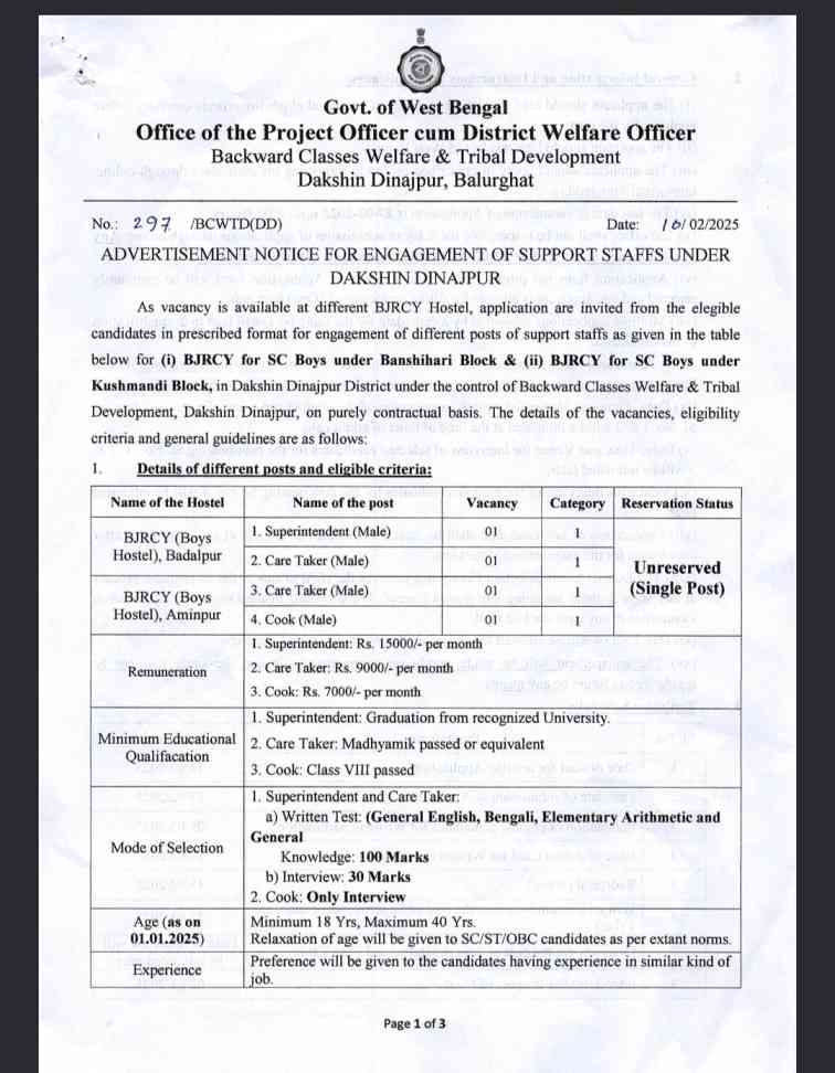 wb govt hostel job recruitment